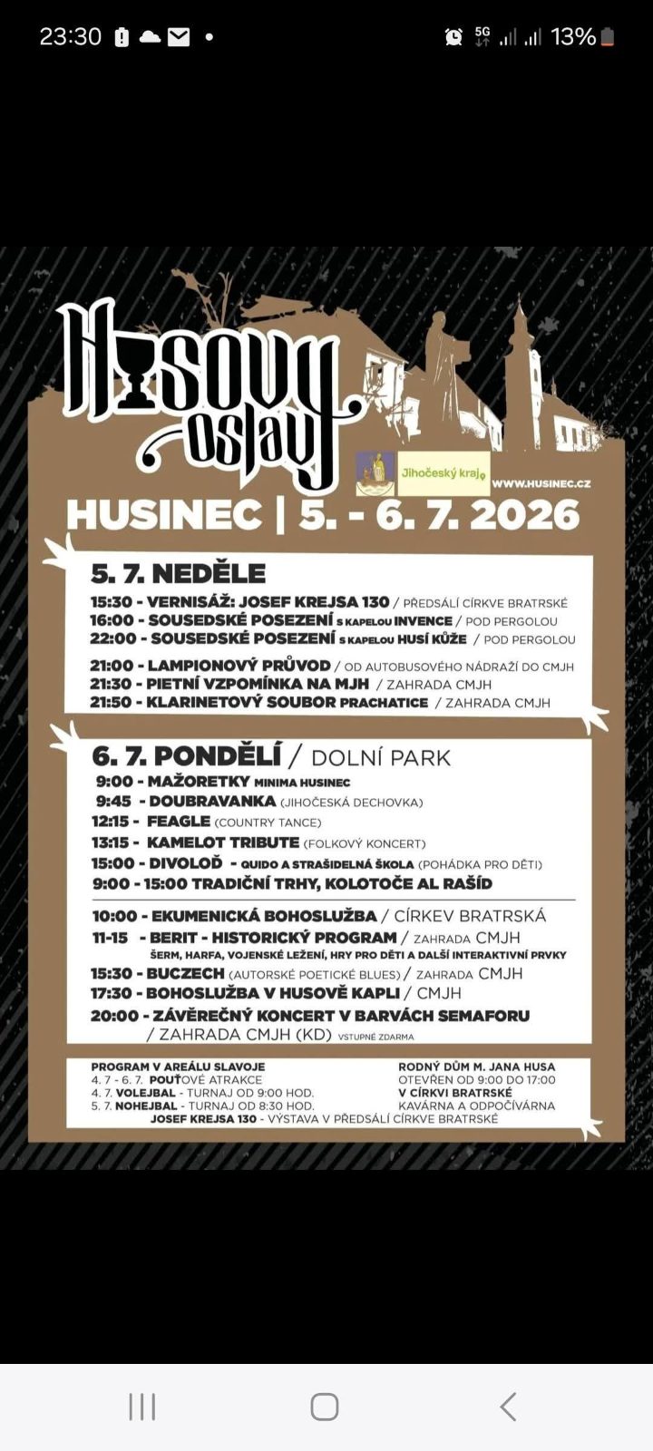 Husovy oslavy, Husinec, 2026
