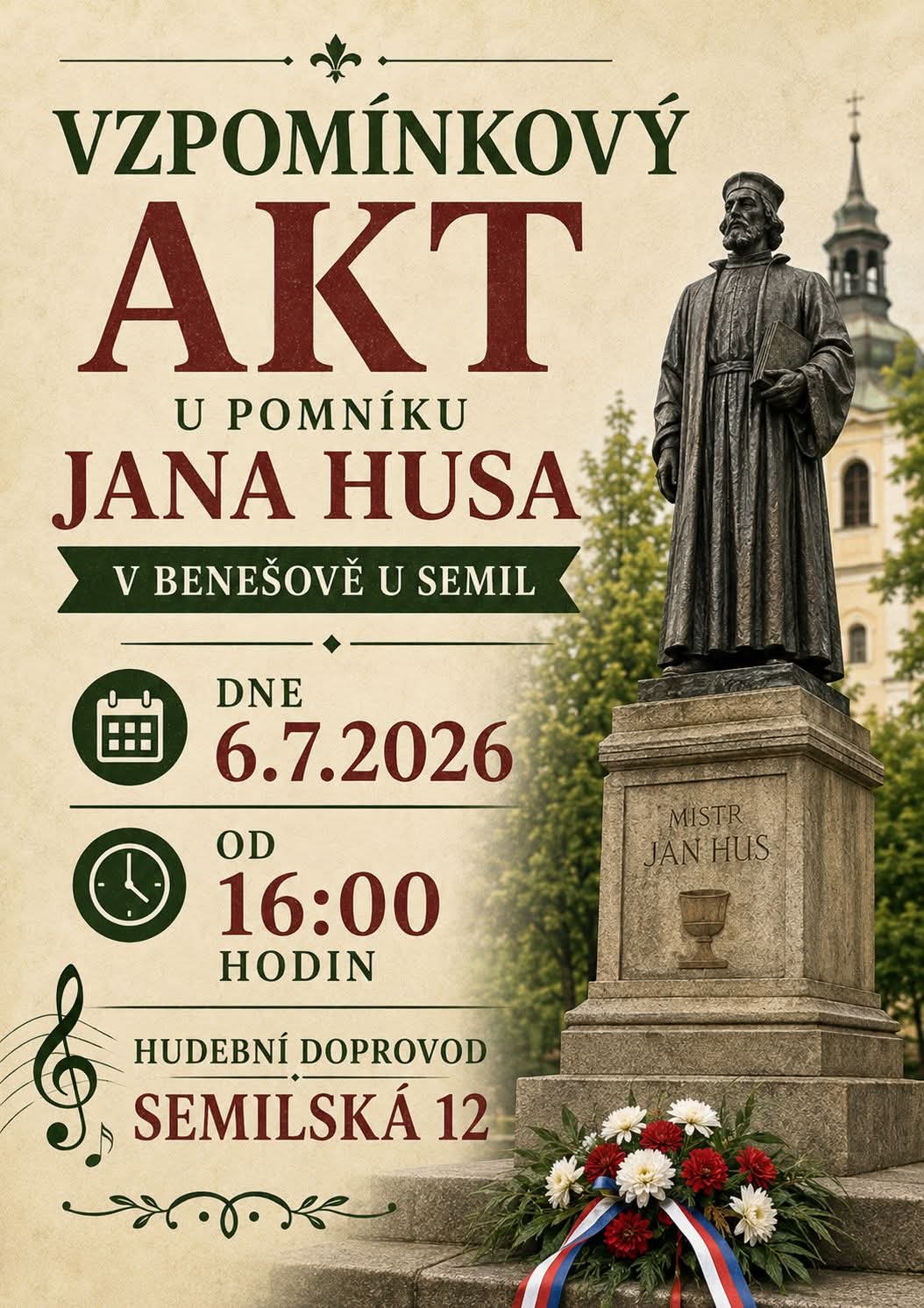 Vzpomínkový akt u pomníku Jana Husa v Benešově u Semil 2026